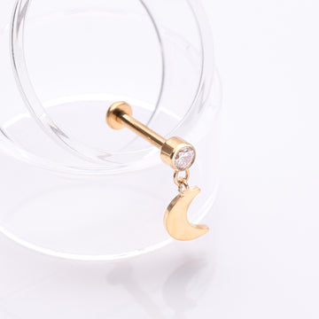 Detail View 1 of Implant Grade Titanium Golden Bezel Gem Crescent Moon Dangle Internally Threaded Flat Back Labret-Clear Gem